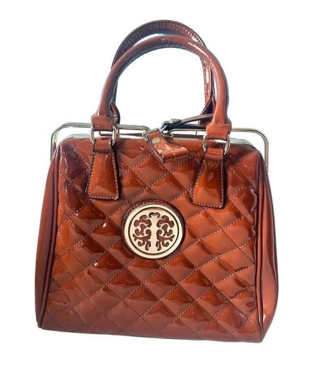 Brown Patent Leather Quilted Frame Handbag